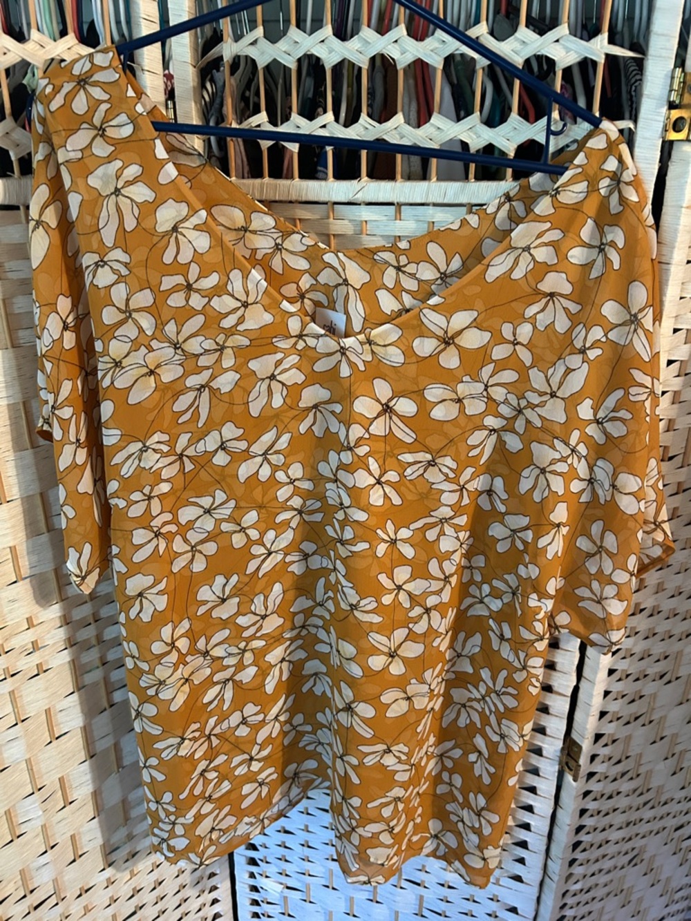 CAbi Mustard Yellow Floral V-Neck Short Sleeve Blouse